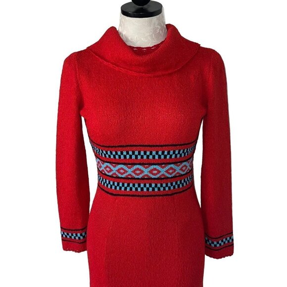 Picardo Knits Vintage Sweater Dress Size Small Red Knit Fitted Midi Cowl Neck - Picture 2 of 14